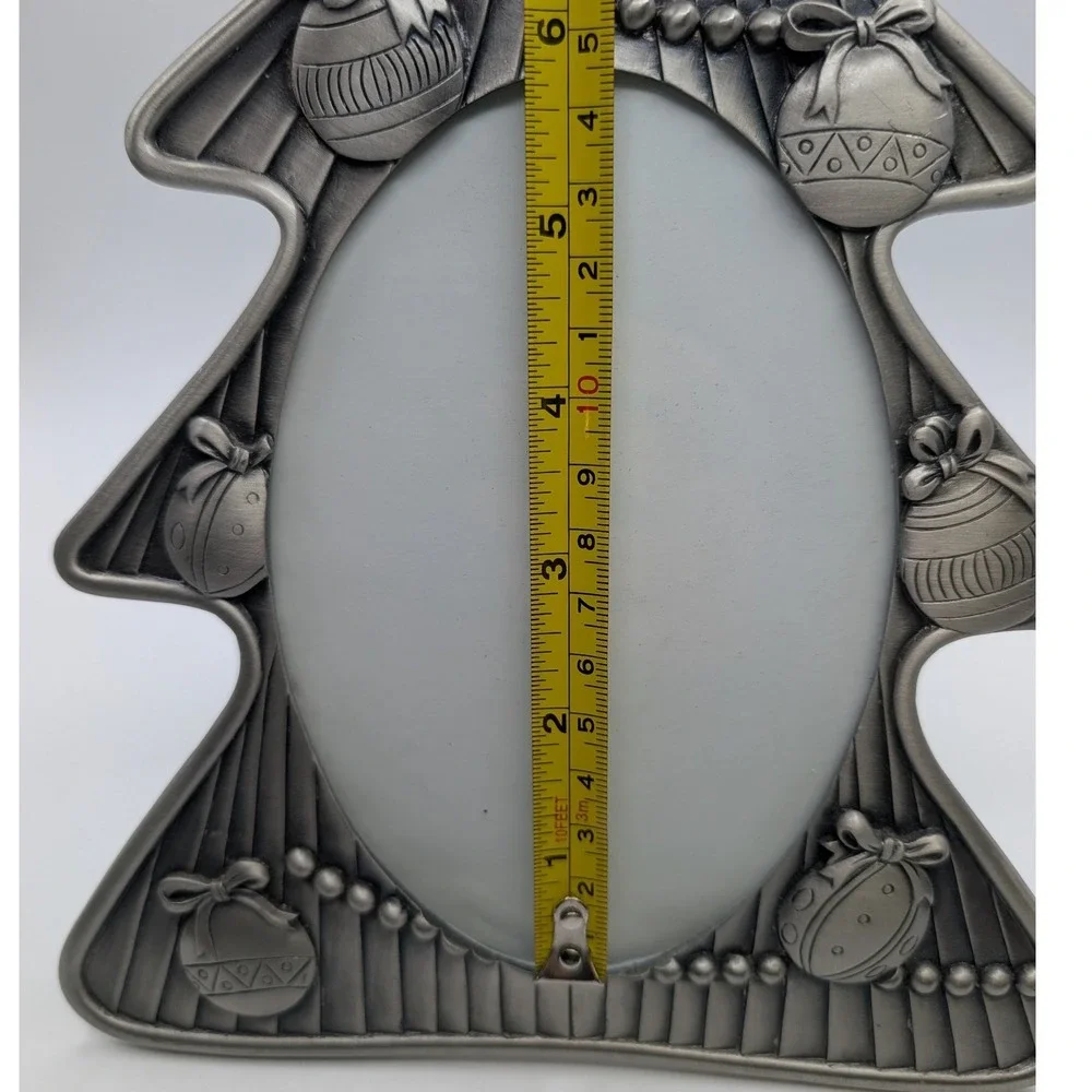 Christmas Tree Picture Frame Silver Pewter Tone Oval Opening Holiday Decor 5x3.5